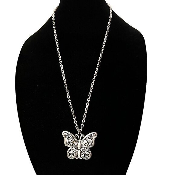 Opera Necklace Silver Tone Chain Butterfly Pendant 28 in - Picture 2 of 5